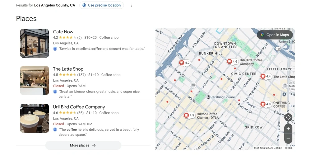 coffee shop near me 这个词会出现本地搜索结果