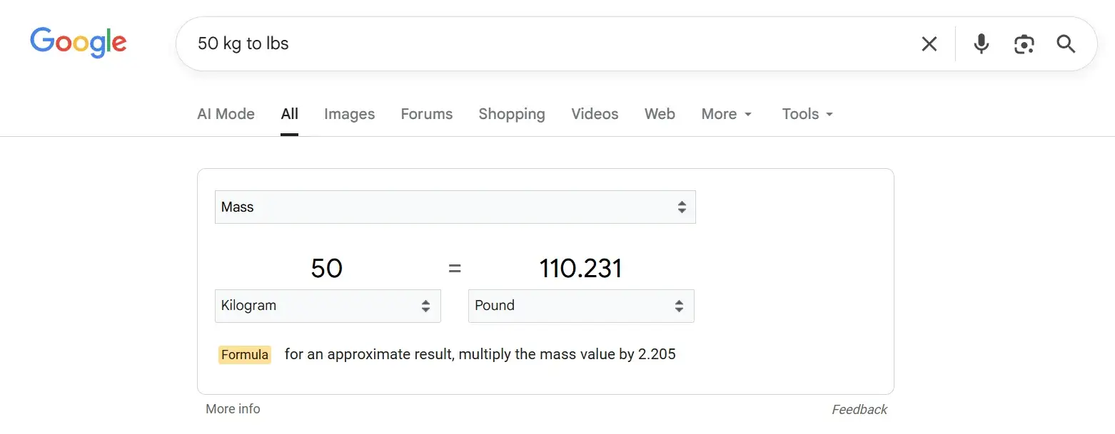 50 kg to lbs 可以直接换算单位