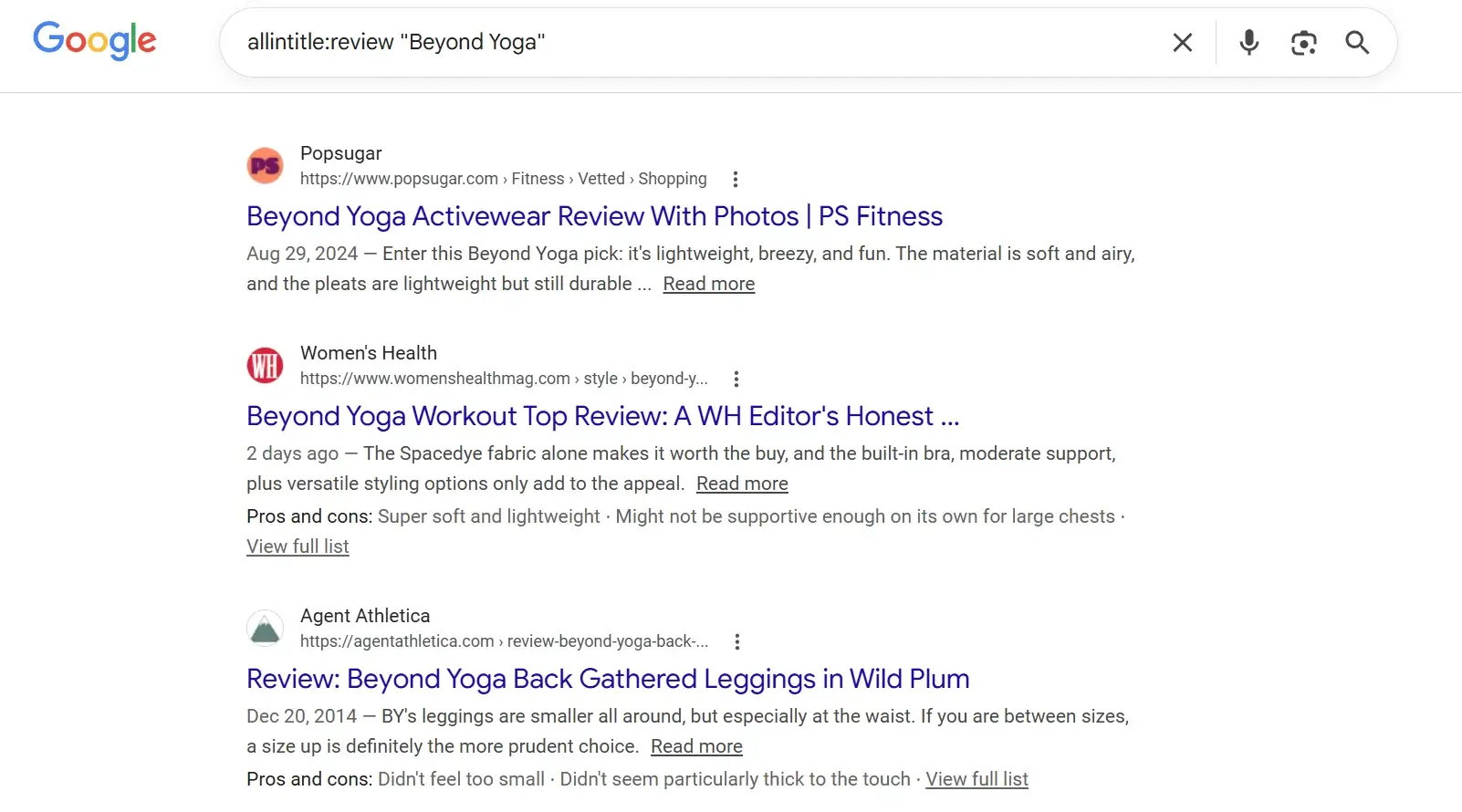 allintitle:review "Beyond Yoga” 这个指令可以找到给对应品牌写了评价的网站