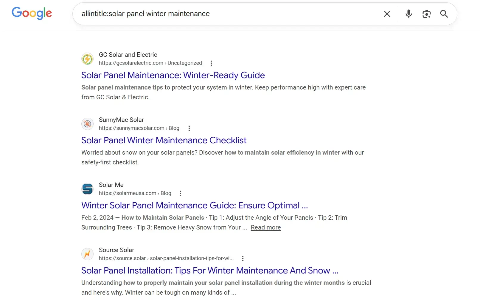 allintitle:solar panel winter maintenance 的搜索结果，会包含所有单词