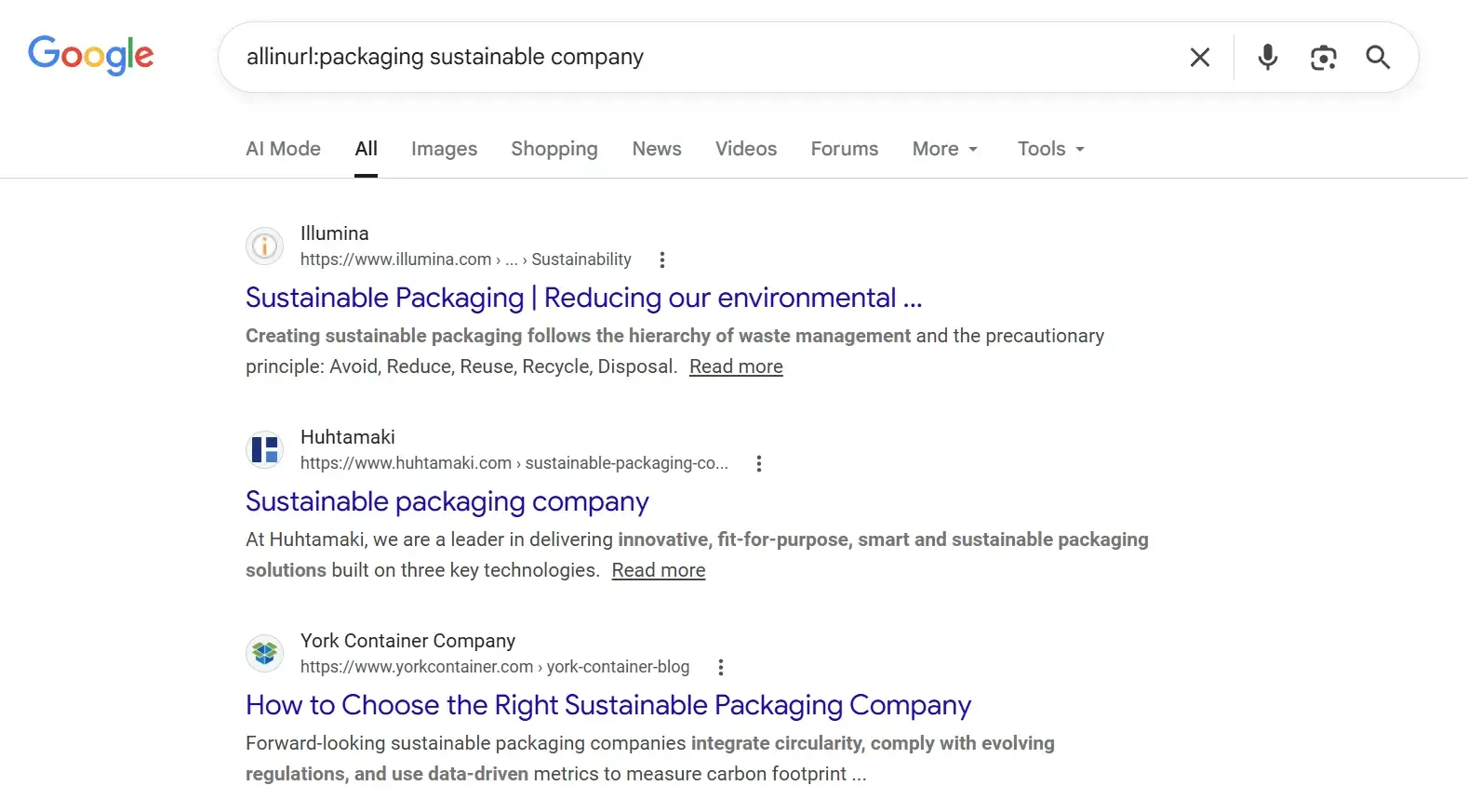 allinurl:packaging sustainable company 的搜索结果，会包括所有单词