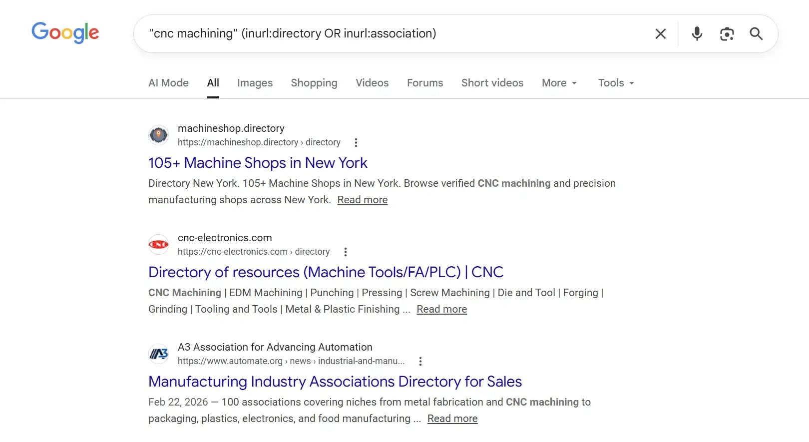 "cnc machining" (inurl:directory OR inurl:association) 的搜索结果，网址会出现 directory 或者 association