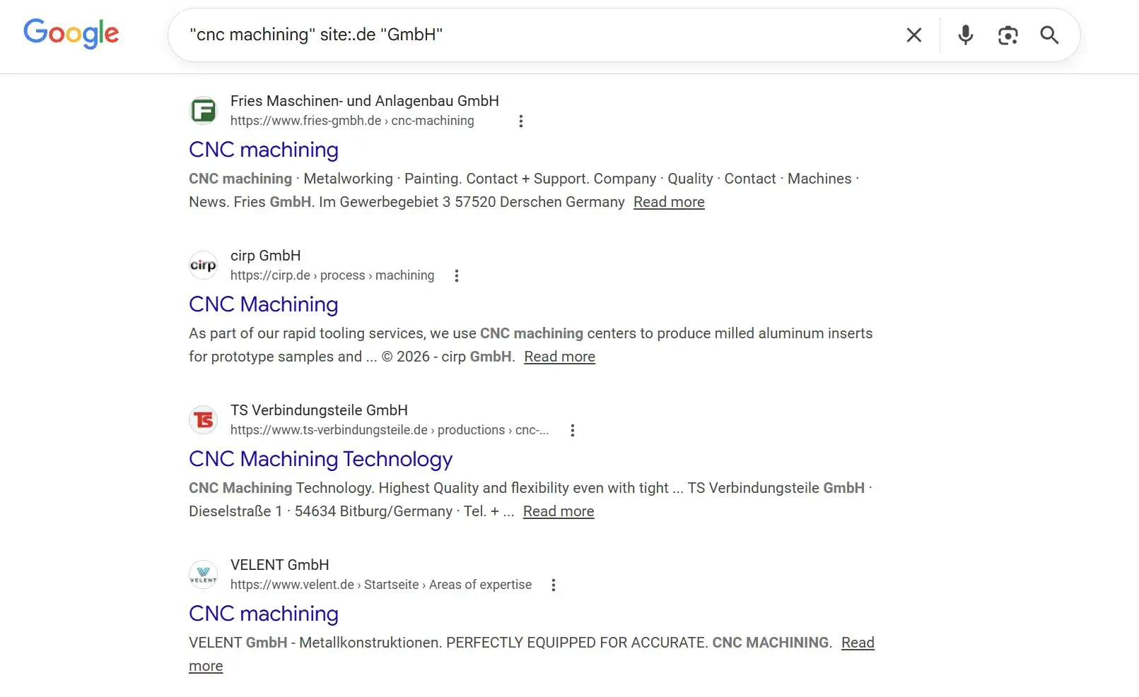 "cnc machining" site:.de "GmbH” 的搜索结果显示，出来的是德国域名，且有GmbH