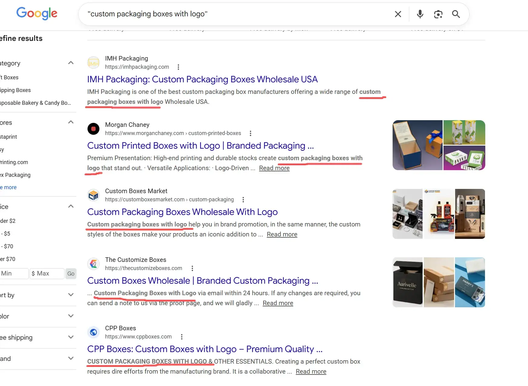 搜索 ”custom packaging boxes with logo” 的时候，搜索结果会同时包含这几个单词