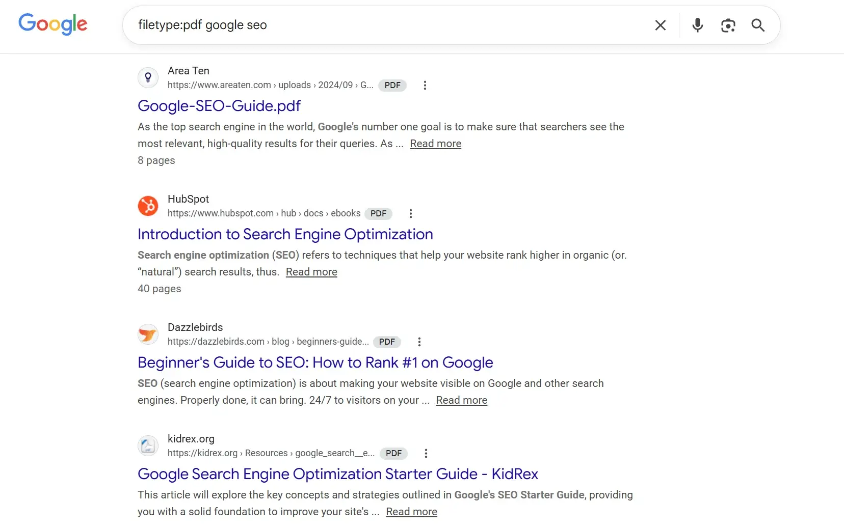 filetype:pdf google seo 这个指令的搜索结果，都是谷歌seo指南相关的 PDF 文档