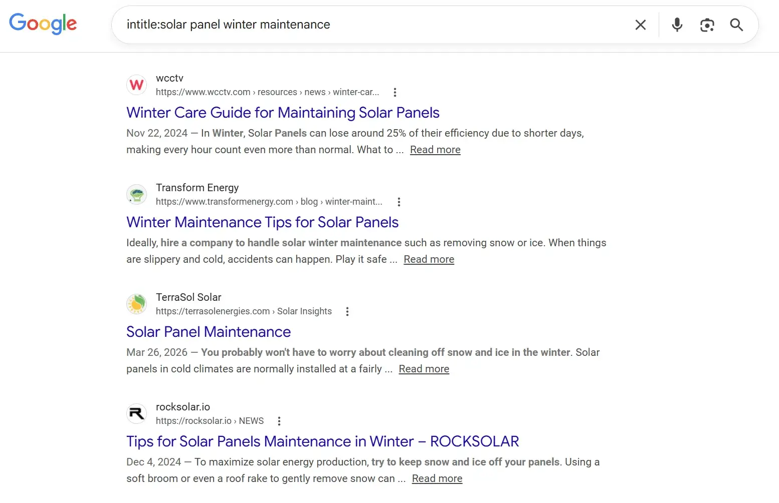 intitle:solar panel winter maintenance 的搜索结果里，不一定包含所有单词