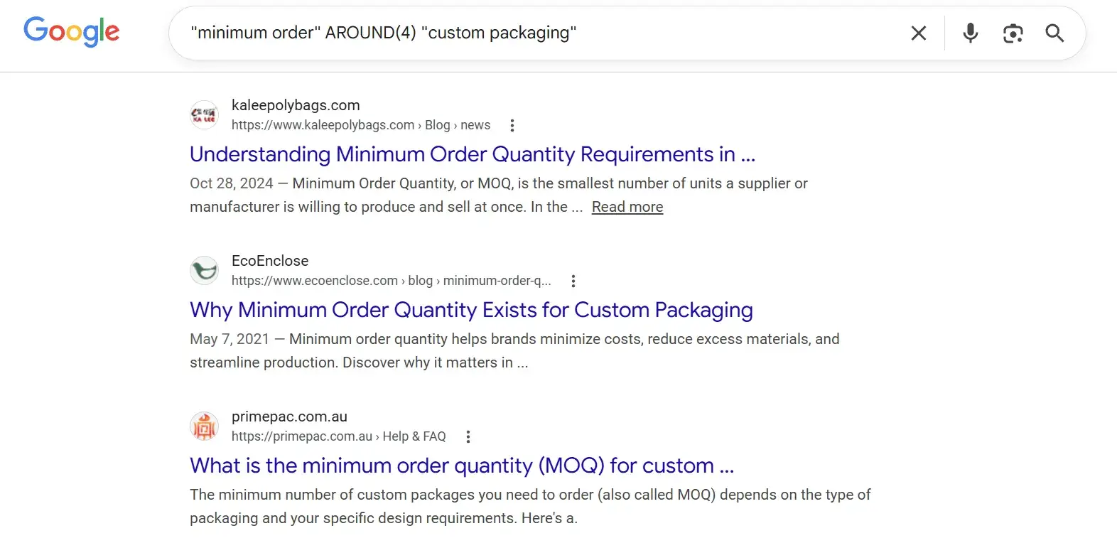 "minimum order" AROUND(4) "custom packaging” 的搜索结果显示，两组词中间的单词数量小于等于4