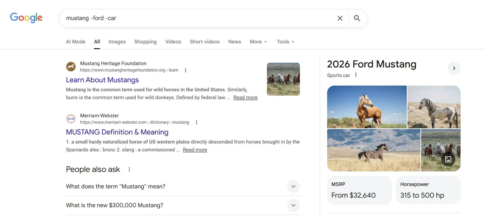 搜索 mustang -ford -car 的时候，出来的结果是大自然的野马