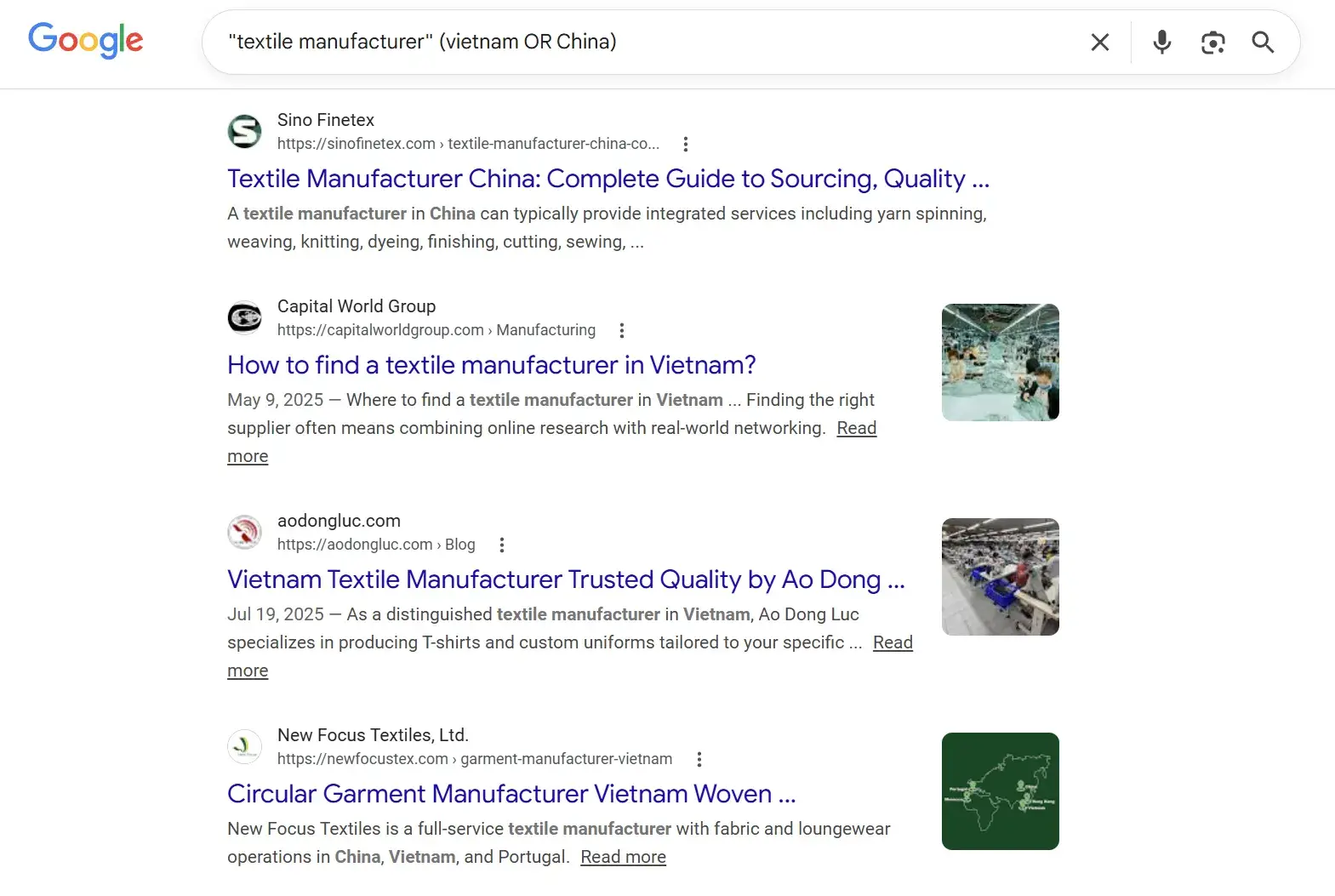 "textile manufacturer" (vietnam OR China) 的搜索结果，Vietnam 或者 China 未必同时出现