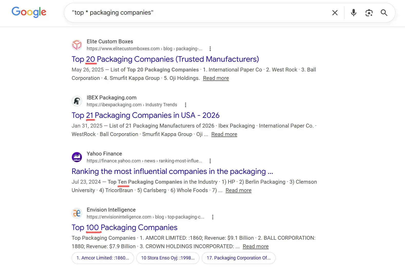 搜索 "top * packaging companies” 的时候，可以发现星号位置的内容会变换