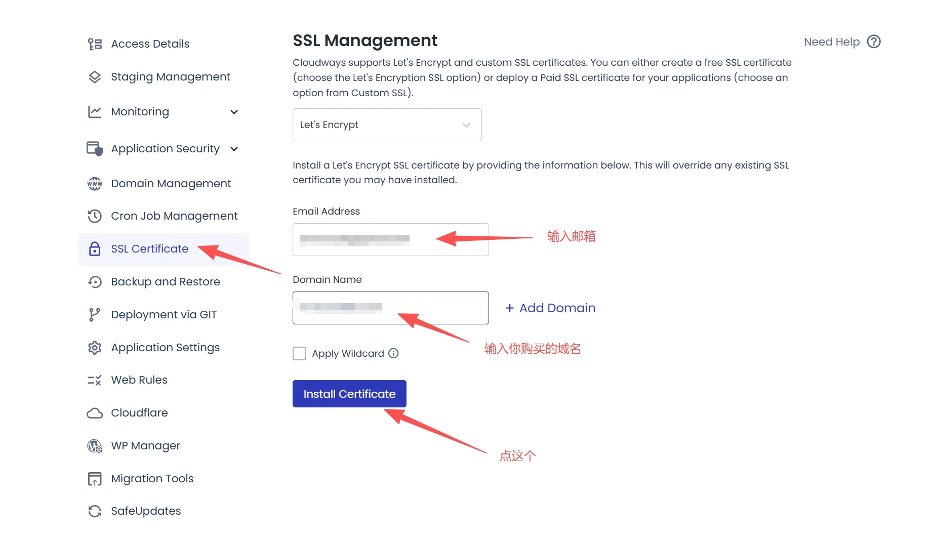 输入邮箱和域名,安装 SSL 证书