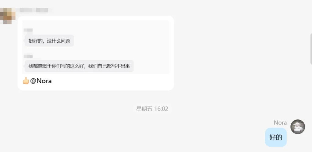 nora 合作的其中一家客户对于文案质量的高度肯定